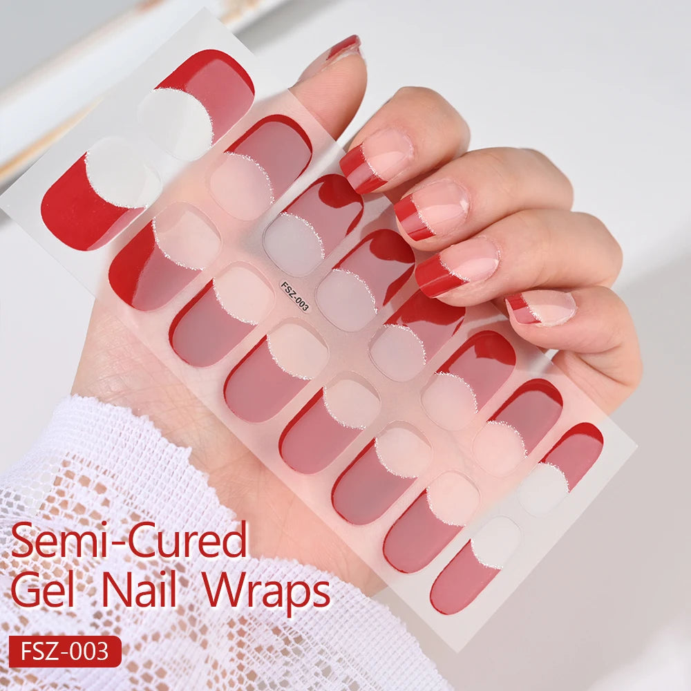 2024# New Semi-Cured Gel Nail Stickers Long-Lasting Solid Color Nail Strips UV Lamp Cured Manicure Gel Decal 16Tips