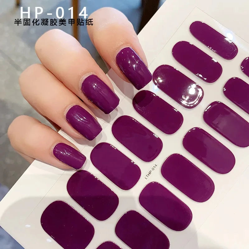 2024# New Semi-Cured Gel Nail Stickers Long-Lasting Solid Color Nail Strips UV Lamp Cured Manicure Gel Decal 16Tips