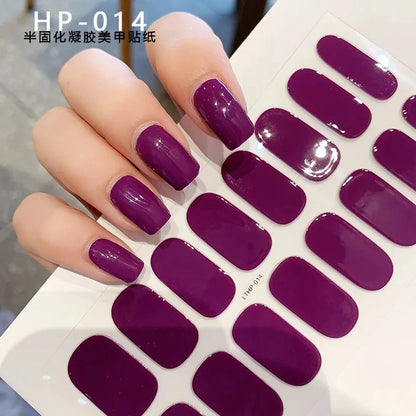2024# New Semi-Cured Gel Nail Stickers Long-Lasting Solid Color Nail Strips UV Lamp Cured Manicure Gel Decal 16Tips