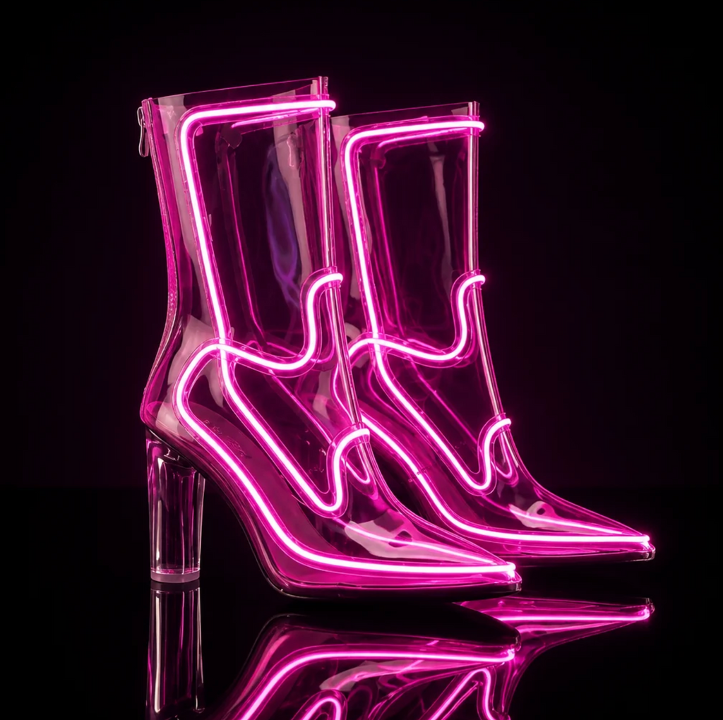 Women Pointed Toe Transparent PVC Ankle Boots LED Light Up Clear Block High Heel Back Zipper