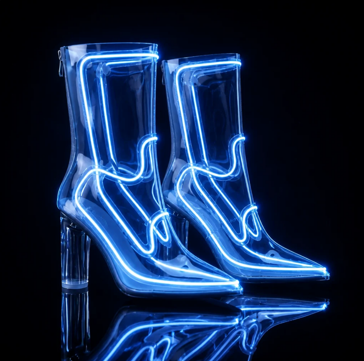 Women Pointed Toe Transparent PVC Ankle Boots LED Light Up Clear Block High Heel Back Zipper