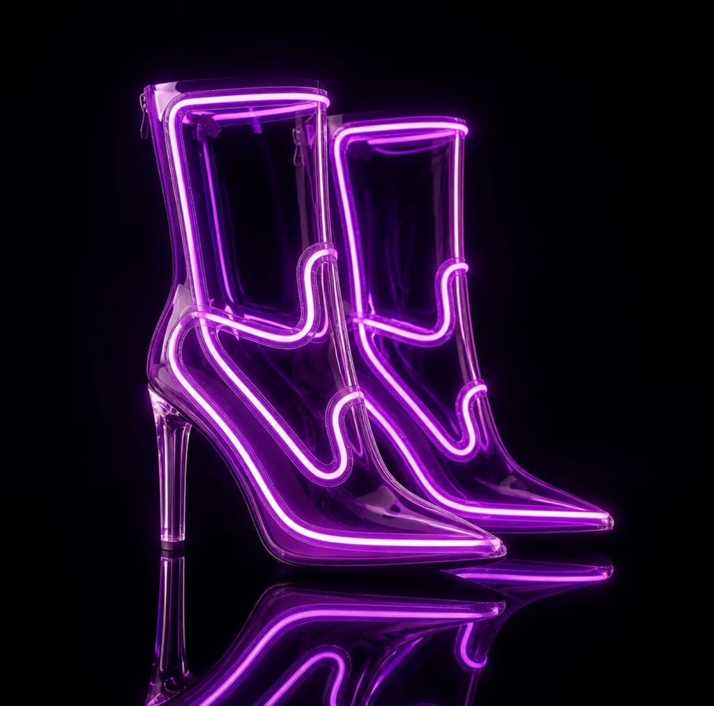 Women Pointed Toe Transparent PVC Ankle Boots LED Light Up Clear Block High Heel Back Zipper